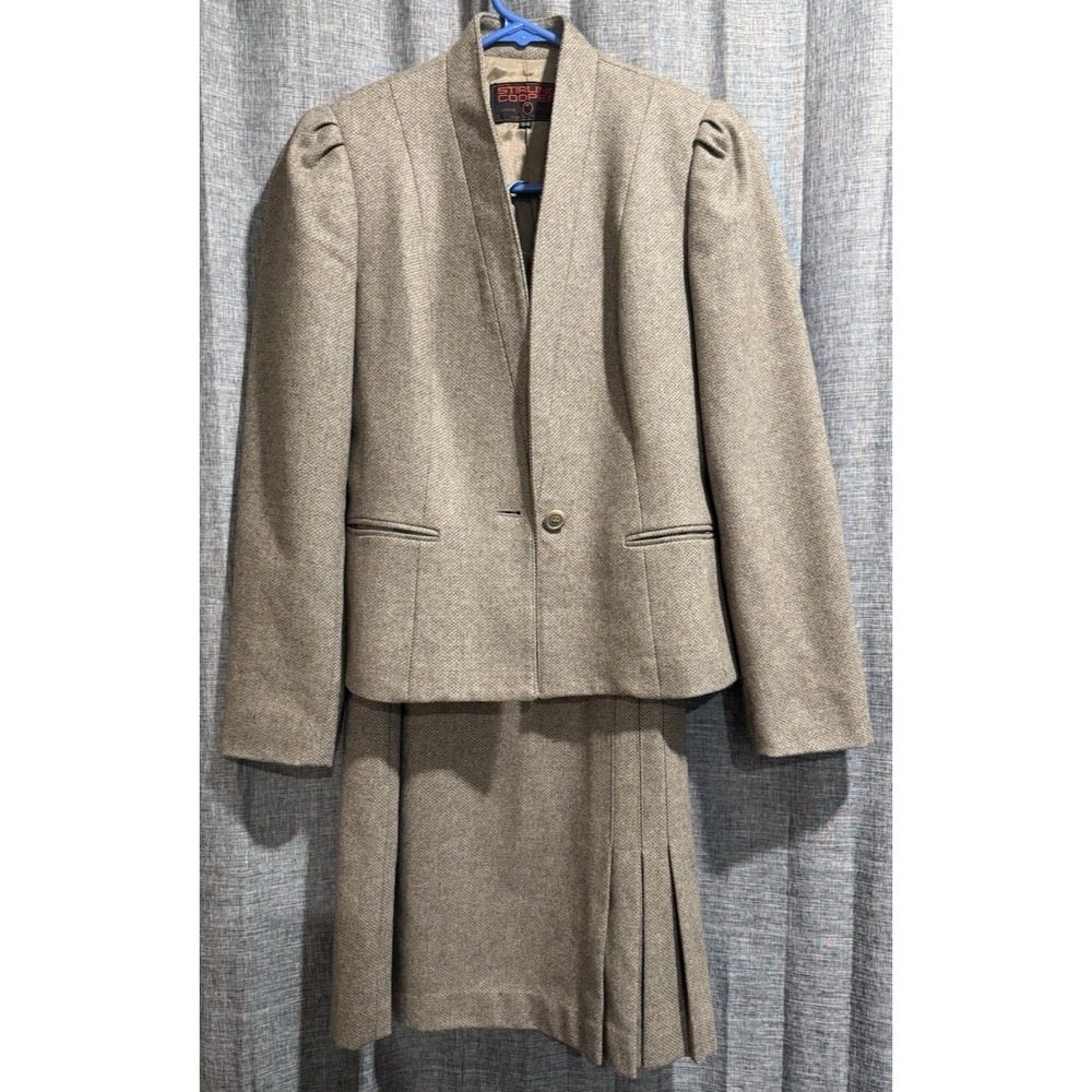 Stirling Cooper VTG Brown Herringbone Lined Blazer/Skirt 80% Wool Pockets Sz 3/4